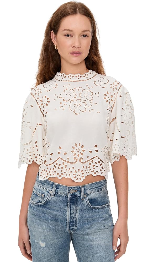 Sea Women's Lula Embroidery Short Sleeve Top, White, XS at